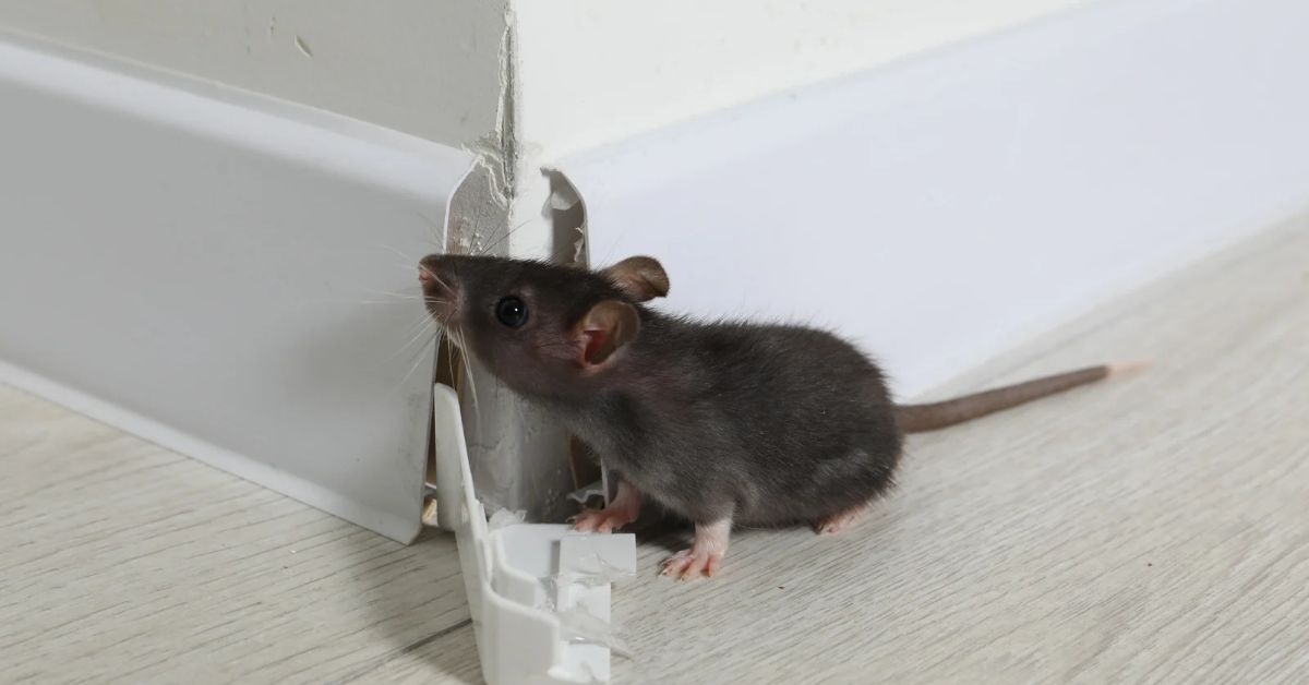 A rat standing by a wall inside a house