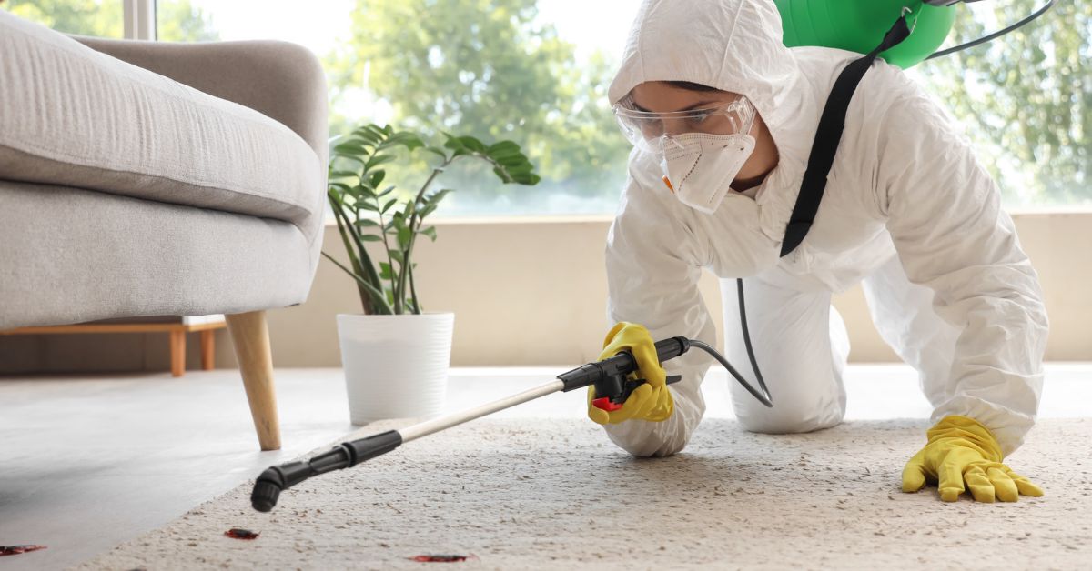 A lady in white hazard gear and a sprayer doing pest control for bugs